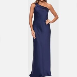 Xscape Navy Blue One Shoulder Satin Gown Dress